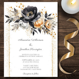 Black & Gold Peonies Wedding  Invitation