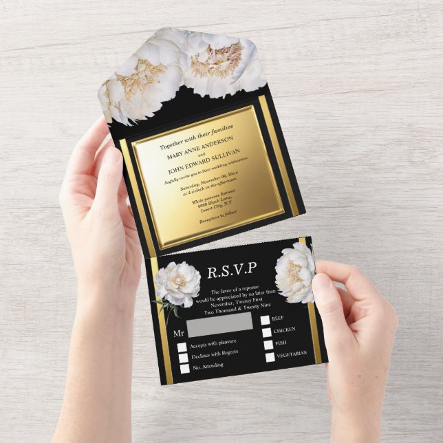 Black gold peony floral flower wedding luxurious all in one invitation (Tearaway)