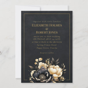 Black & Gold Peony Gothic Wedding Invitation