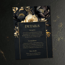 Black & Gold Peony Wedding Details Card