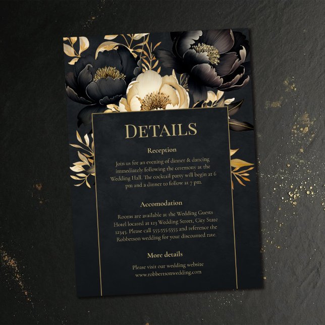 Black & Gold Peony Wedding Details Card (Black & Gold Peony Wedding Details Card on a dark vintage wedding table)