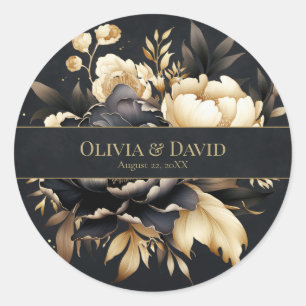 Black & Gold Peony Wedding Round Sticker