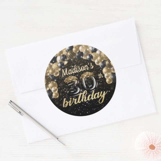 Black Gold Personalised 30th Birthday Classic Round Sticker (Envelope)