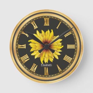 Black Gold Personalised Beautiful Sunflower Round Clock