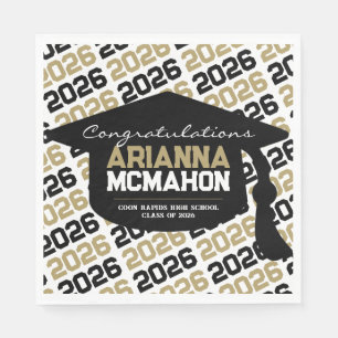 Black & Gold Personalised Graduation Cap Paper Napkin