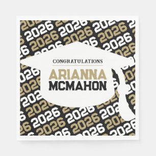 Black & Gold Personalised Graduation Cap Paper Napkin