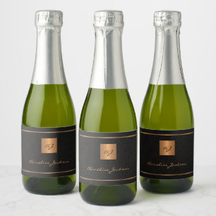 Black gold personalised initials name script sparkling wine label