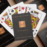 Black gold personalised monogram initials name playing cards<br><div class="desc">Trendy luxury signature script 2 letters monogrammed playing cards featuring a faux gold copper metallic glitter square and stripes over a leather texture look (PRINTED) background. Personalised with your name and monogram letter initials. It can be an elegant custom personal or family gift for a birthday, housewarming, retirement, wedding, holiday,...</div>