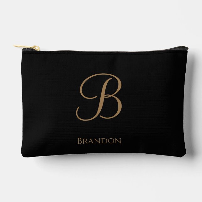 Black Gold Personalised Name and Monogram Accessory Pouch (Front)