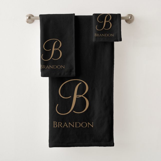 Black Gold Personalised Name and Monogram Bath Towel Set (Insitu)