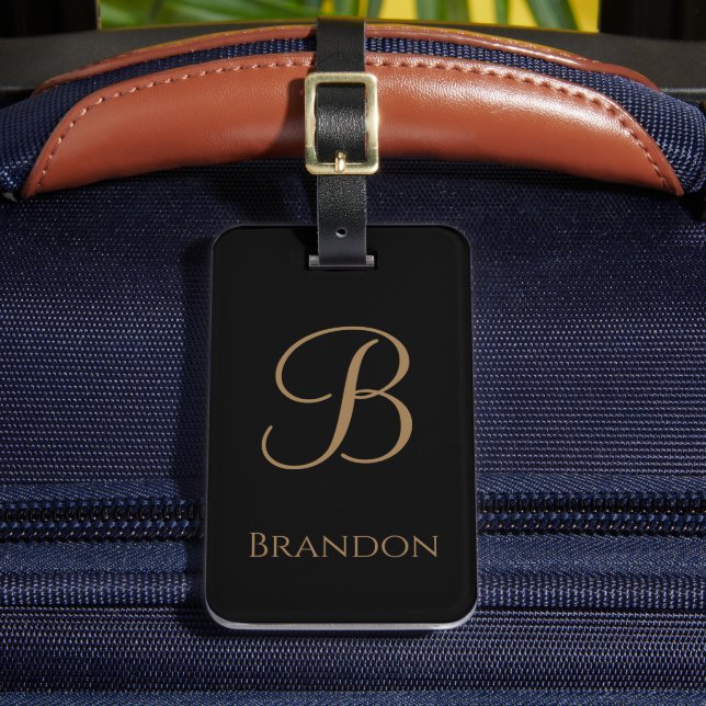Black Gold Personalised Name and Monogram Luggage Tag (Front Insitu 2)
