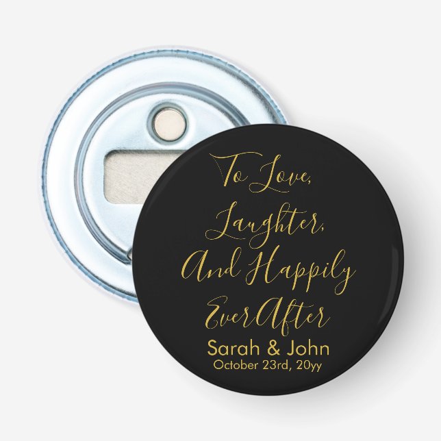 Black Gold Personalised Script Wedding Reception Bottle Opener (Front)