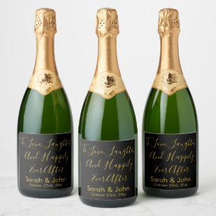Black Gold Personalised Script Wedding Reception Sparkling Wine Label