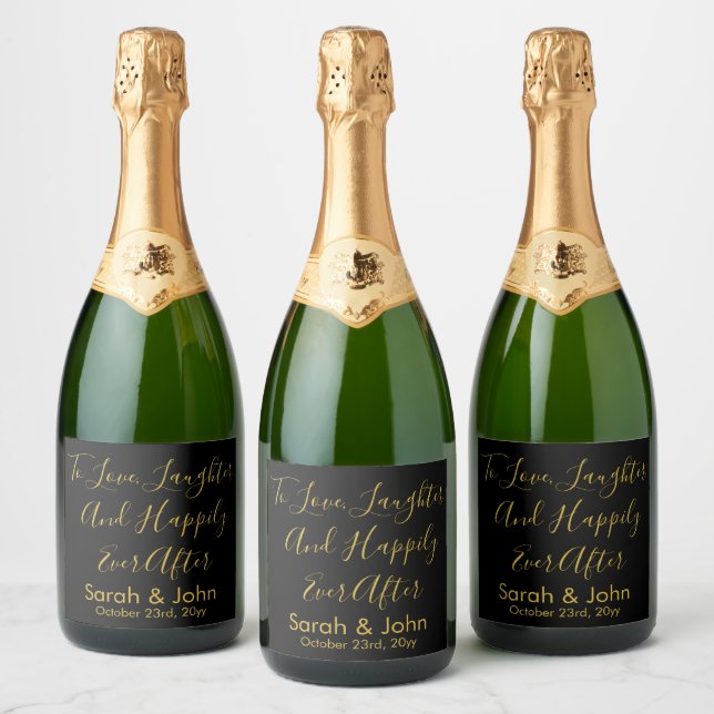 Black Gold Personalised Script Wedding Reception  Sparkling Wine Label (Bottles)