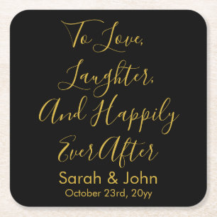 Black Gold Personalised Script Wedding Reception  Square Paper Coaster