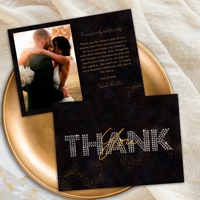 Black Gold Personalised Thank You Card for Wedding (Front / Back)