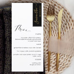 Black, Gold Personalized with Guest Name Elegant Menu<br><div class="desc">Why spend in place cards and menu cards when you can have an elegant All-in-one elegant Menu personalized with each guest name! Contemporary, simple and elegant design with beautiful modern hand written calligraphy. Stripe on the top right corner in black with guest name in golden hue. Back in same black...</div>