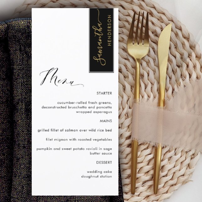 Black, Gold Personalized with Guest Name Elegant Menu (Creator Uploaded)