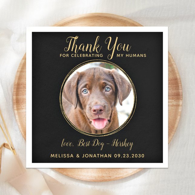 Black Gold Pet Wedding Thank You Custom Dog Photo Napkin (Creator Uploaded)