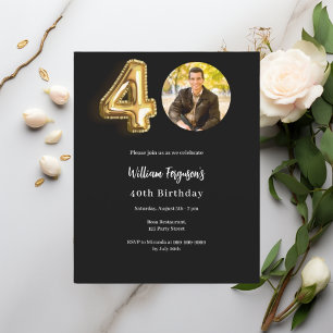 Black gold photo 40th birthday invitation