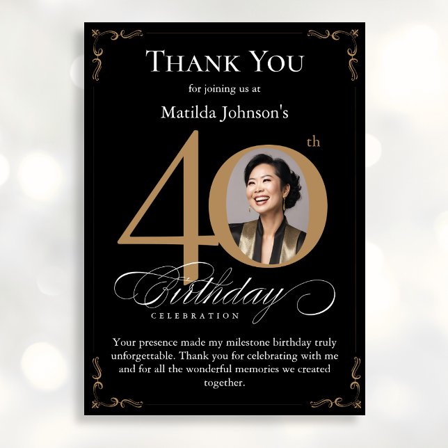 Black Gold Photo 40th Birthday Thank You Card (Mockup View)