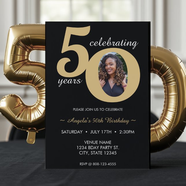 Black & Gold Photo 50 Fifty Years 50th Birthday Invitation (Creator Uploaded)