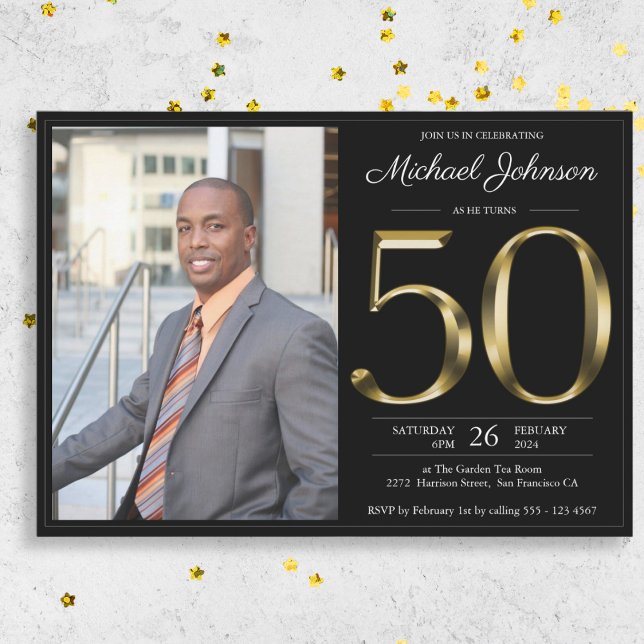 Black Gold Photo 50th Birthday Party Invitation (Black Gold Photo 50th Birthday Party Invitation)