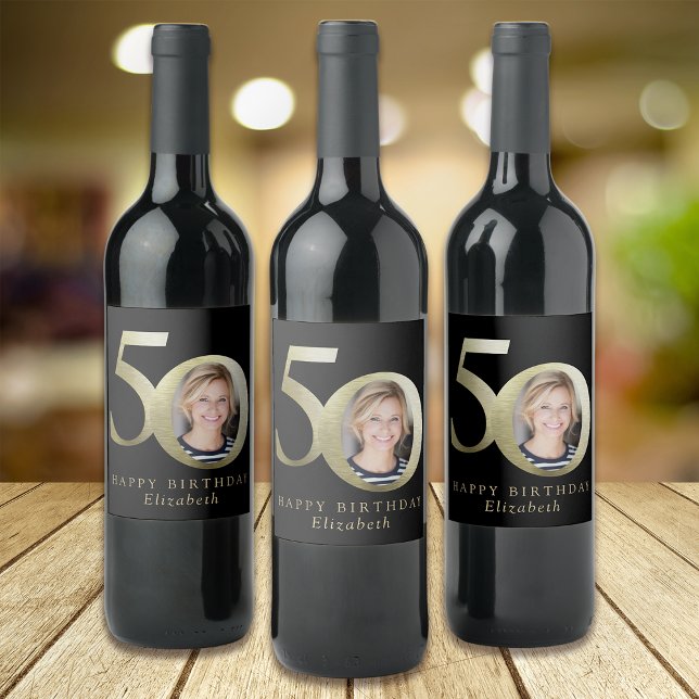 Black Gold Photo 50th Birthday Wine Label (Creator Uploaded)