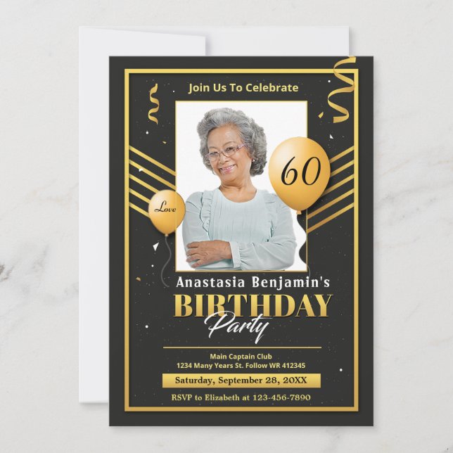 Black Gold Photo 60th Birthday Party Personalise Announcement (Front)