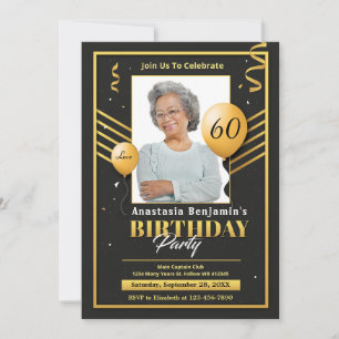 Black Gold Photo 60th Birthday Party Personalise Announcement