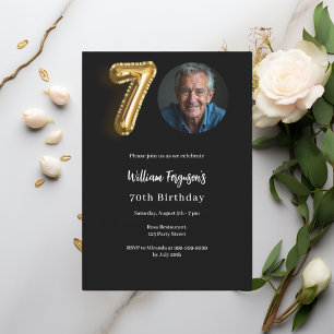 Black gold photo 70th birthday invitation