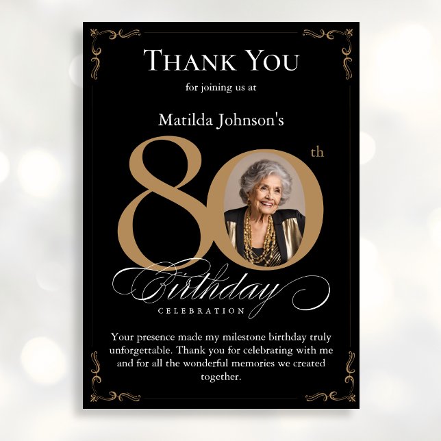 Black Gold Photo 80th Birthday Thank You Card (Mockup View)