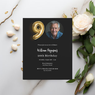 Black gold photo 90th birthday invitation