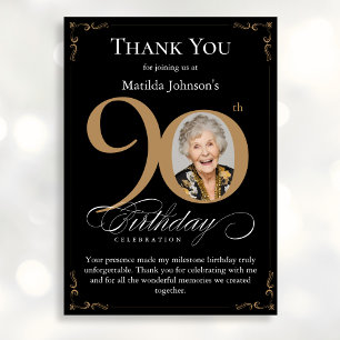 Black Gold Photo 90th Birthday Thank You Card