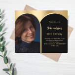 Black gold photo arch birthday invitation<br><div class="desc">Add your own vertical size photo. An arch shaped photo frame. A black and faux gold background colour.  Personalise and add a name and party details.  

1 sheet = 1 invitation printed edge to edge.</div>