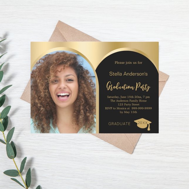 Black gold photo arch graduation 2025 invitation (Creator Uploaded)