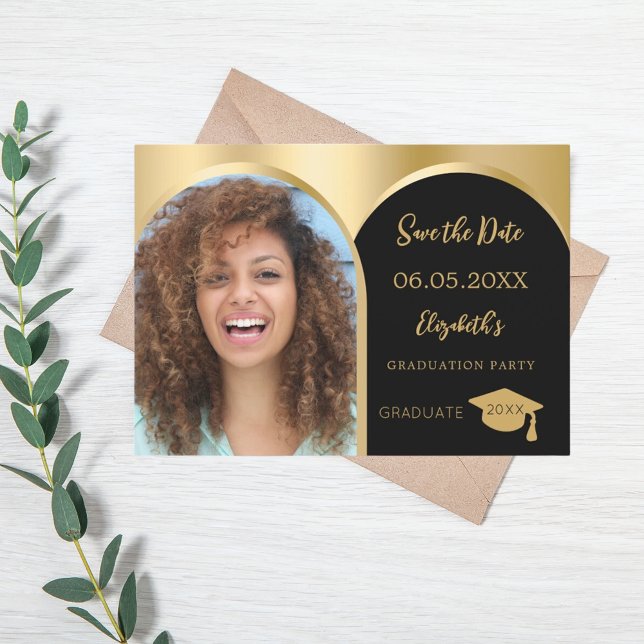Black gold photo arch Graduation Party Save The Date (Creator Uploaded)