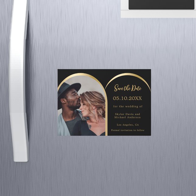 Black gold photo arch wedding Save the Date card (Creator Uploaded)