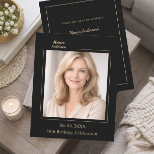 Black gold photo birthday invitation