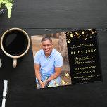 Black gold photo birthday Save the Date<br><div class="desc">A photo Save the date for a 50th (or any age) birthday
On front: Add a vertical size photo. A classic black background colour,  decorated with faux gold stars. Personalise and add a name and details.  Golden letters.  For both him and her.</div>