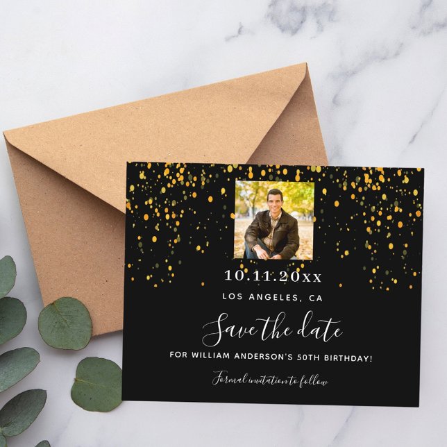 Black gold photo birthday save the date card (Creator Uploaded)