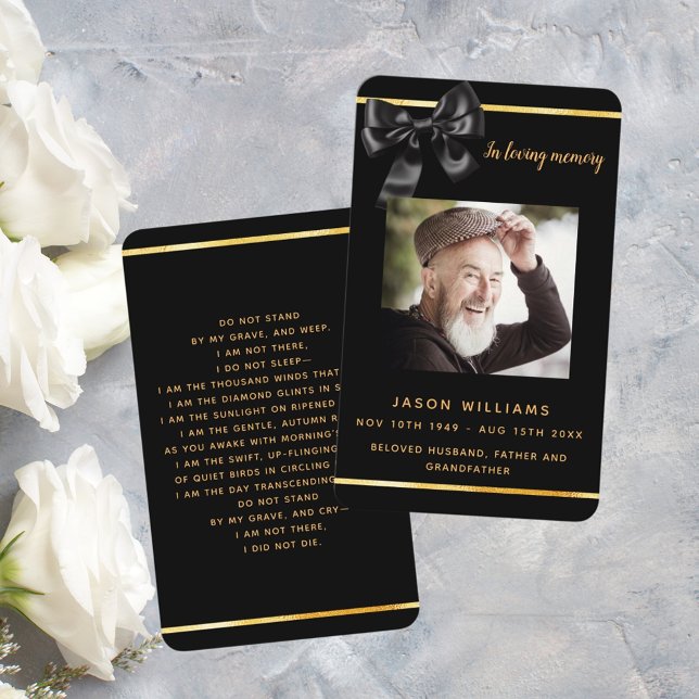 Black gold photo bow funeral prayer card (Creator Uploaded)