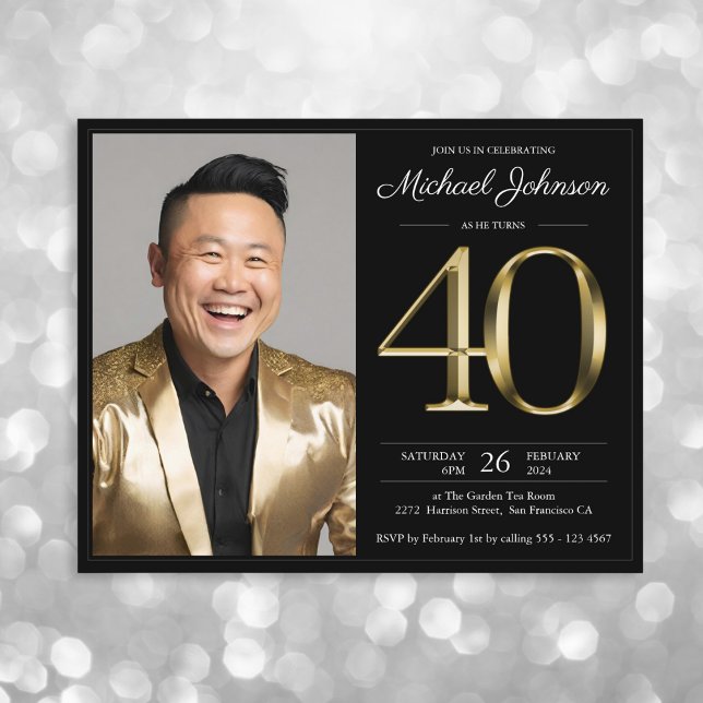 Black Gold Photo Budget 40th Birthday Invitation (Mockup View)