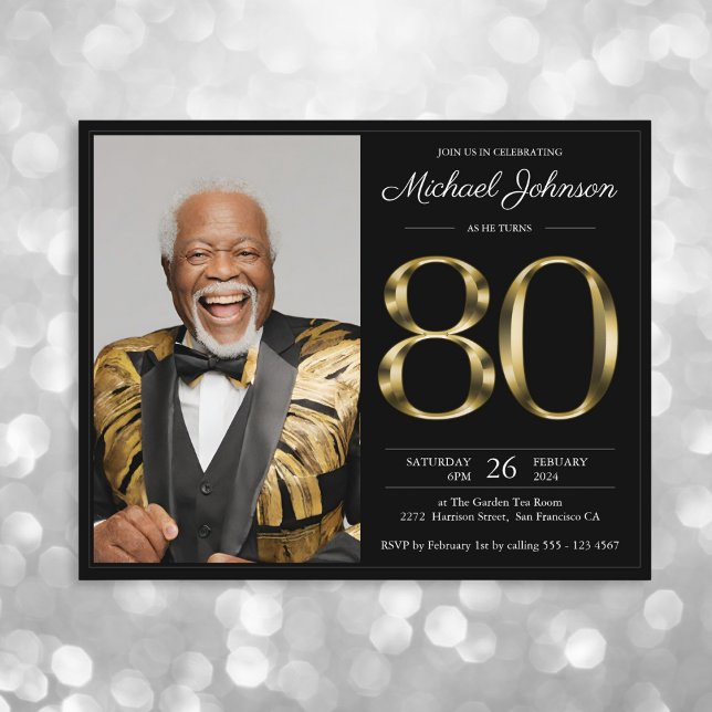 Black Gold Photo Budget 80th Birthday Invitation (Mockup View)