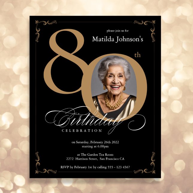 Black Gold Photo Budget 80th Birthday Invitation (Mockup View)