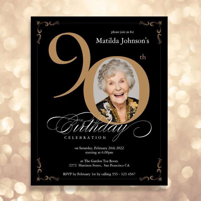 Black Gold Photo Budget 90th Birthday Invitation (Mockup View)