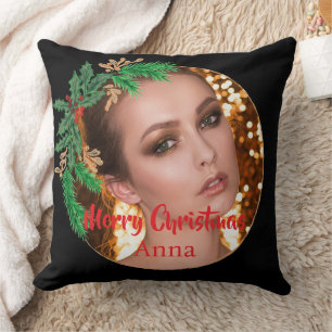 Black Gold Photo Christmas Wreath Elegant  Cushion