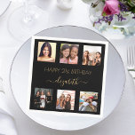 Black gold photo collage birthday napkin<br><div class="desc">For a woman's 21st (or any age) birthday, celebrating her life with a collage of 6 of your high quality photos of her, her friends, family, interest or pets. Personalise and add her name, age 21. Golden text. A chic, classic black background colour. Her name is written with a modern...</div>