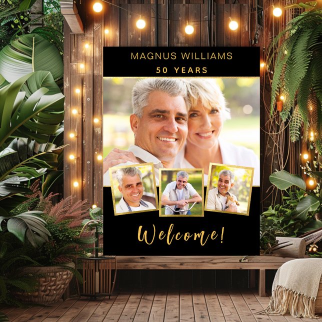 Black gold photo collage birthday party welcome poster (Creator Uploaded)