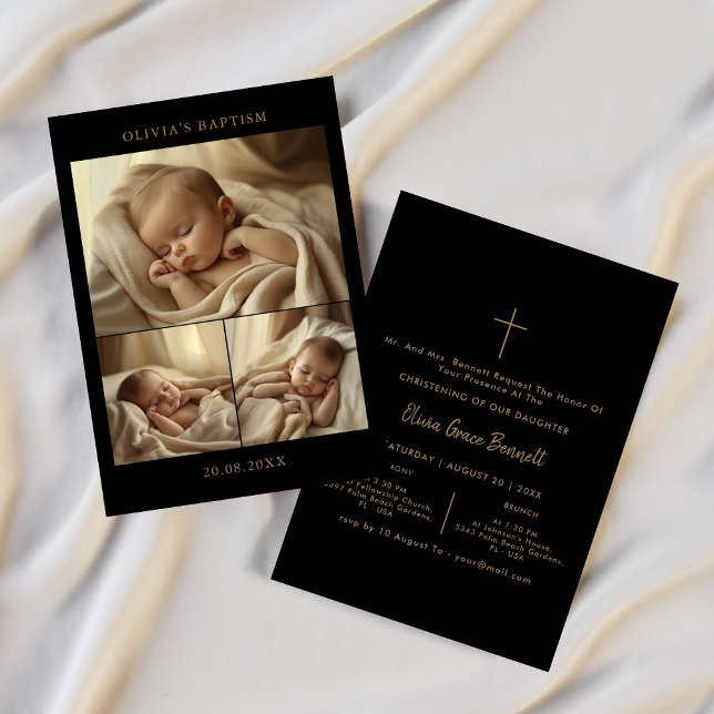 Black & Gold Photo Collage Gender Neutral Baptism Invitation (Creator Uploaded)